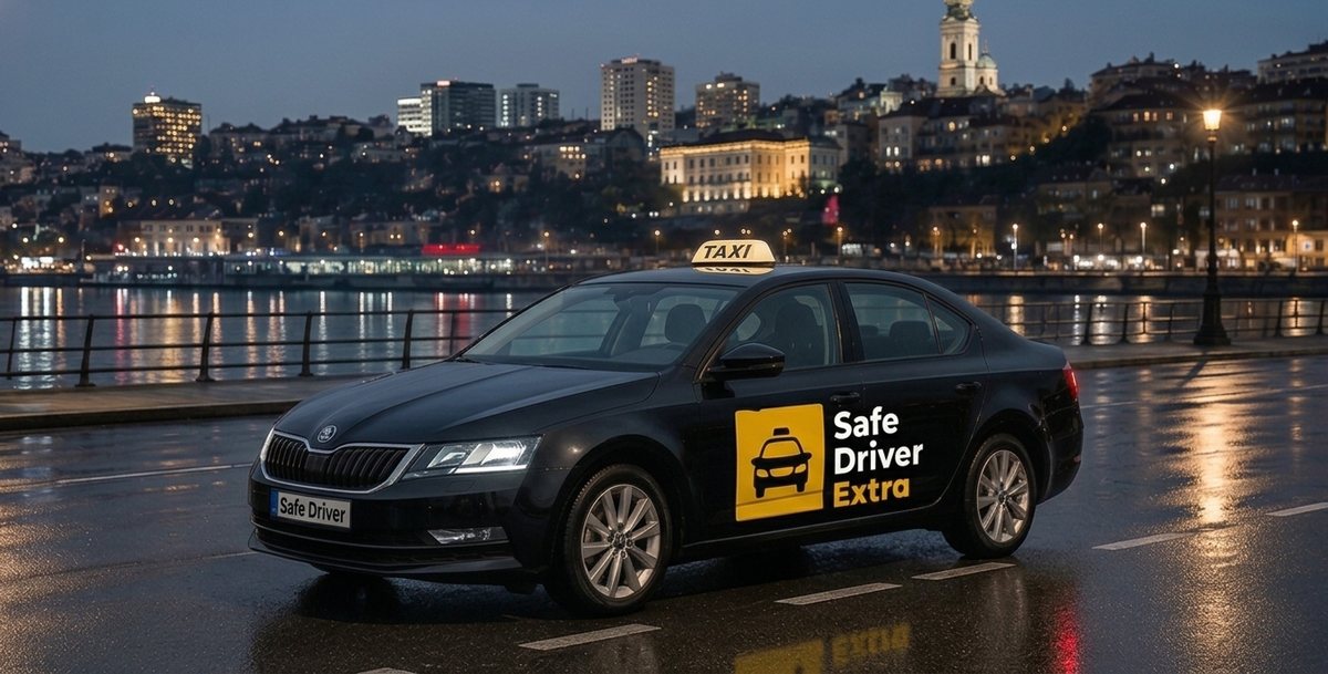 Taksi vozilo Safe Driver extra na keju uz Dunav, Beograd noću